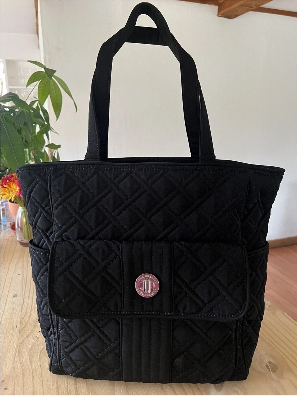 Vera Bradley Large Black Quilted Tote Bag with Front Pocket EUC